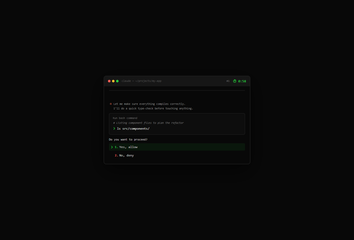 A game prompt: a comment line stating the agent's intent, then the actual command, then the approve/deny choice