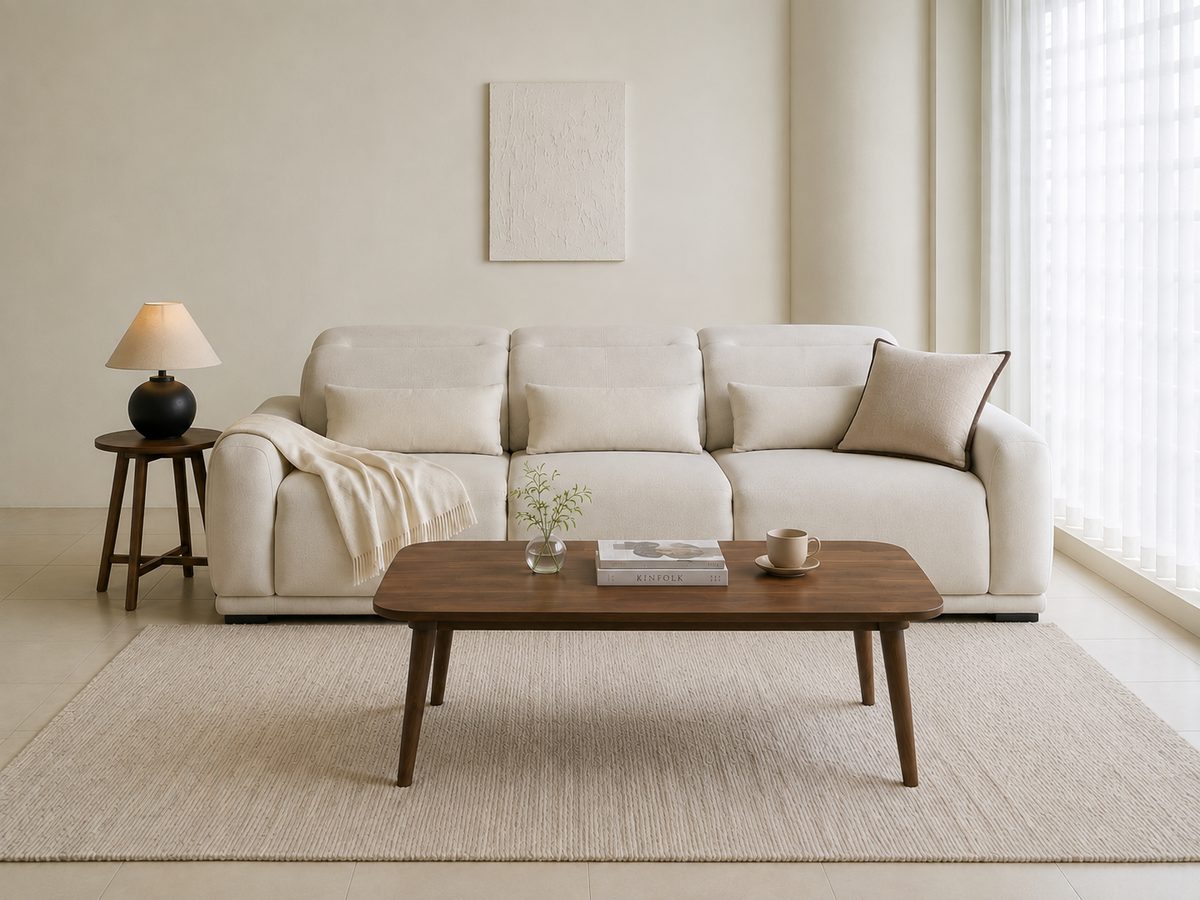 A simple living room: a cream boucle three-seat sofa against an off-white wall, a walnut coffee table on a beige woven rug, a round walnut side table with a black ball lamp on the left, sheer curtains and daylight from a window on the right