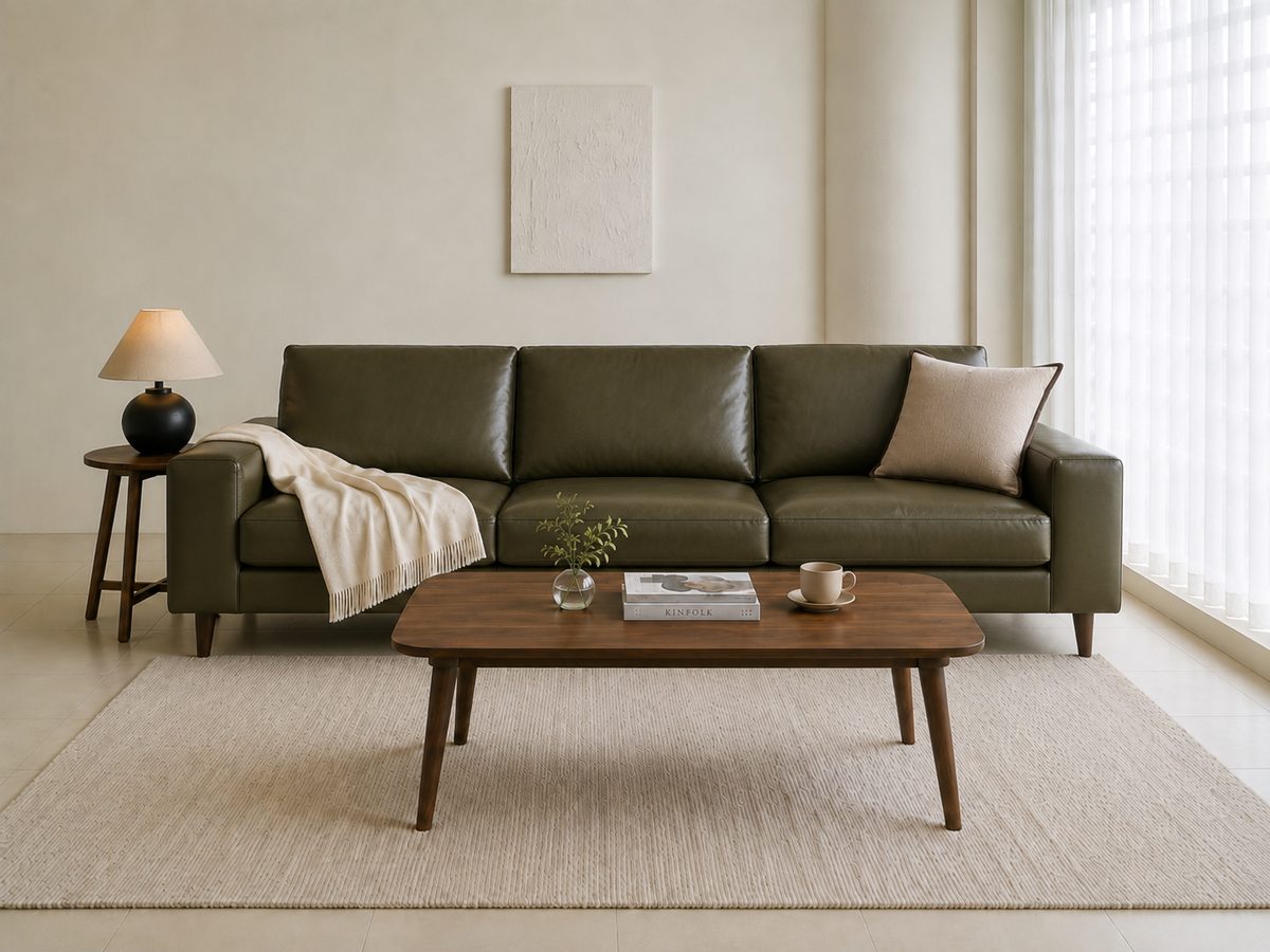 The same living room with the cream sofa replaced by a dark olive green leather sofa in the identical position; the coffee table, side table, lamp, rug, throw, cup, books and wall art are unchanged