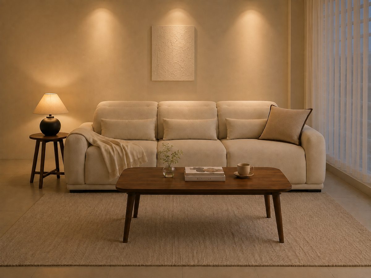 The same living room at night: the daylight is gone, the table lamp glows, wall-washer lights pick out the wall above the sofa, and the furniture is unchanged