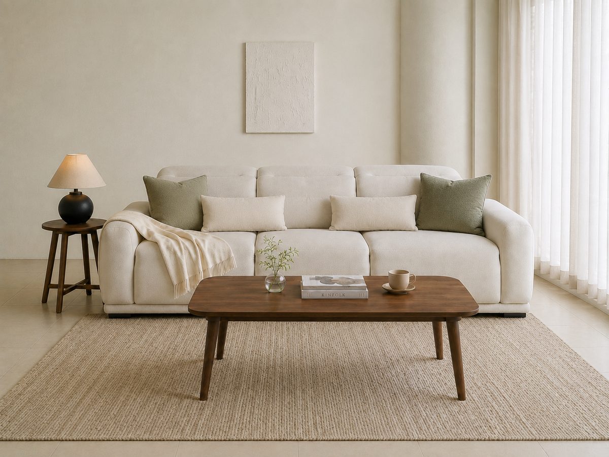 The same living room with a different rug, different curtains and different cushions on the sofa; the sofa frame, tables and wall are unchanged