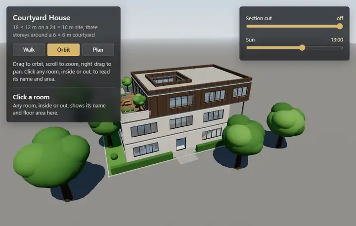 An animated clip of the Fable model rotating slowly while the section cut descends, the slider label reading 9.65 m second floor, then 7.06 m first floor, then 4.10 m first floor, revealing furnished rooms inside
