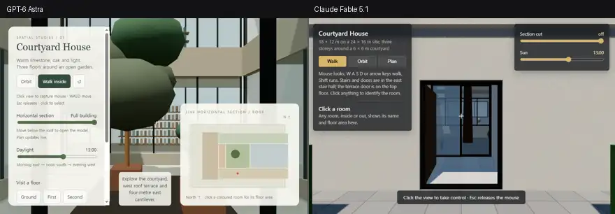 An animated clip split down the middle. On the left, the Astra model in first person: inside, looking at a courtyard tree and a wall of bookshelves, with the live plan panel showing a red position dot. On the right, the Fable model in first person: outside, panning across the white facade, the clipped hedge, the paving and the entrance door