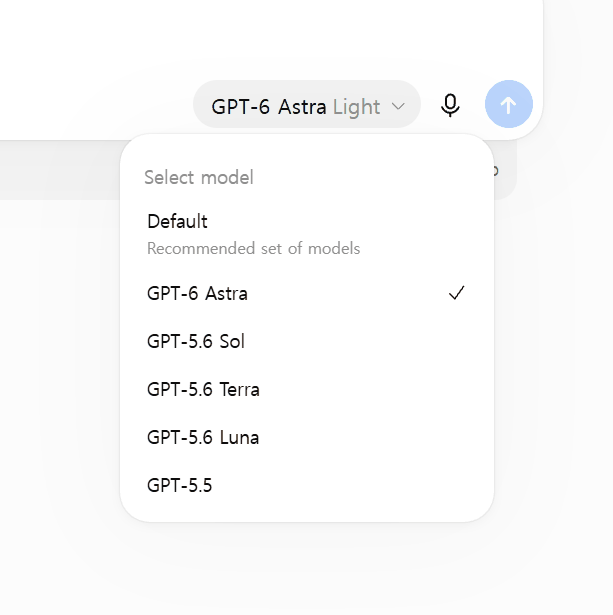 A ChatGPT composer panel with the button reading GPT-6 Astra Light, and an open Select model list showing Default, GPT-6 Astra with a tick, GPT-5.6 Sol, GPT-5.6 Terra, GPT-5.6 Luna and GPT-5.5