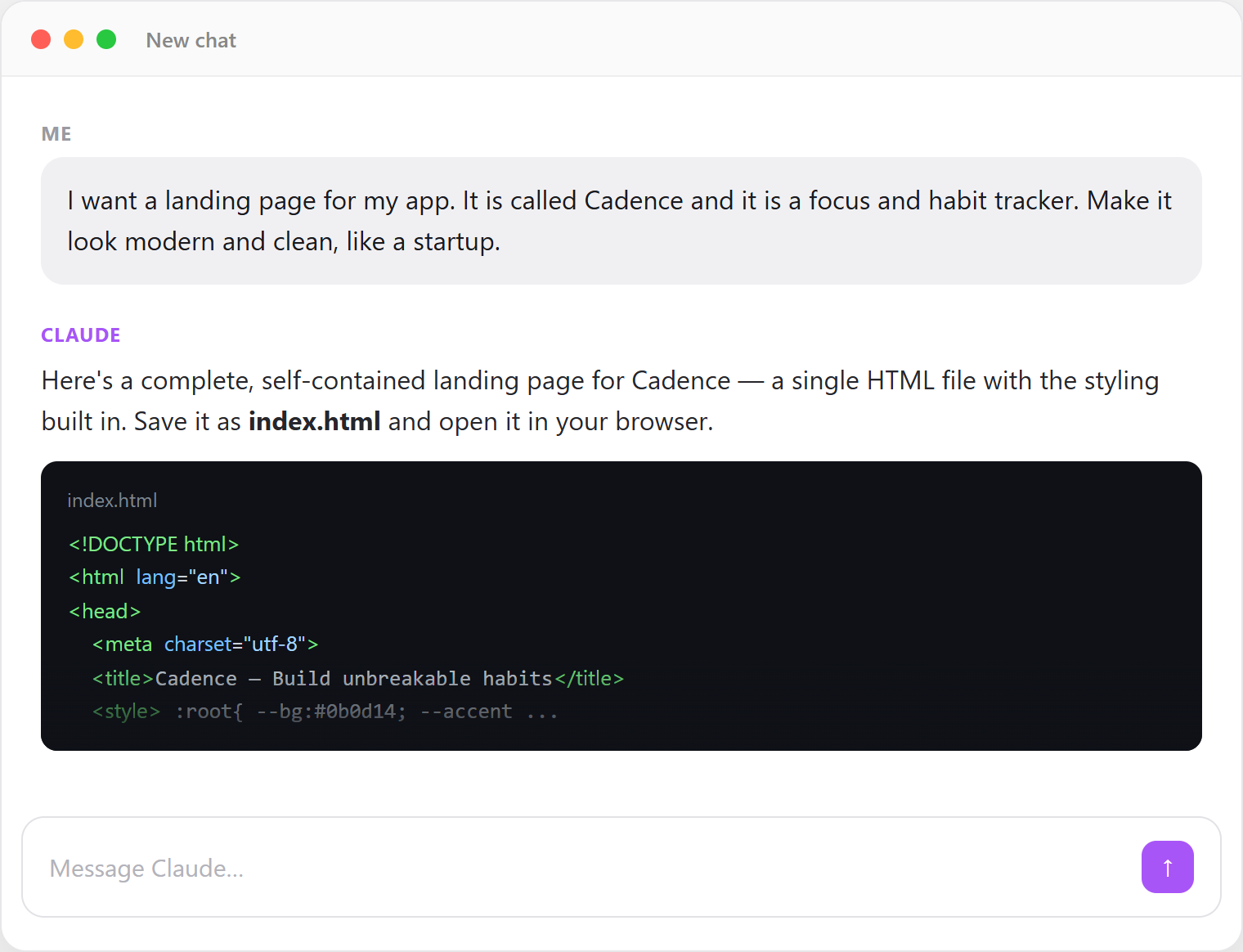The message I sent to Claude, and the single HTML file it wrote back.