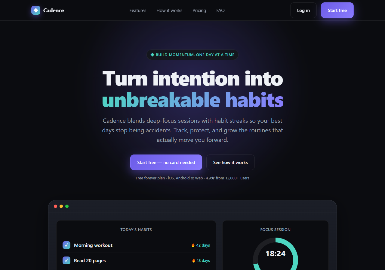 The AI-generated Cadence landing page — a dark navy hero with the headline "Turn intention into unbreakable habits," two buttons reading "Start free — no card needed" and "See how it works," and a dashboard mockup showing a habit checklist and a focus timer.