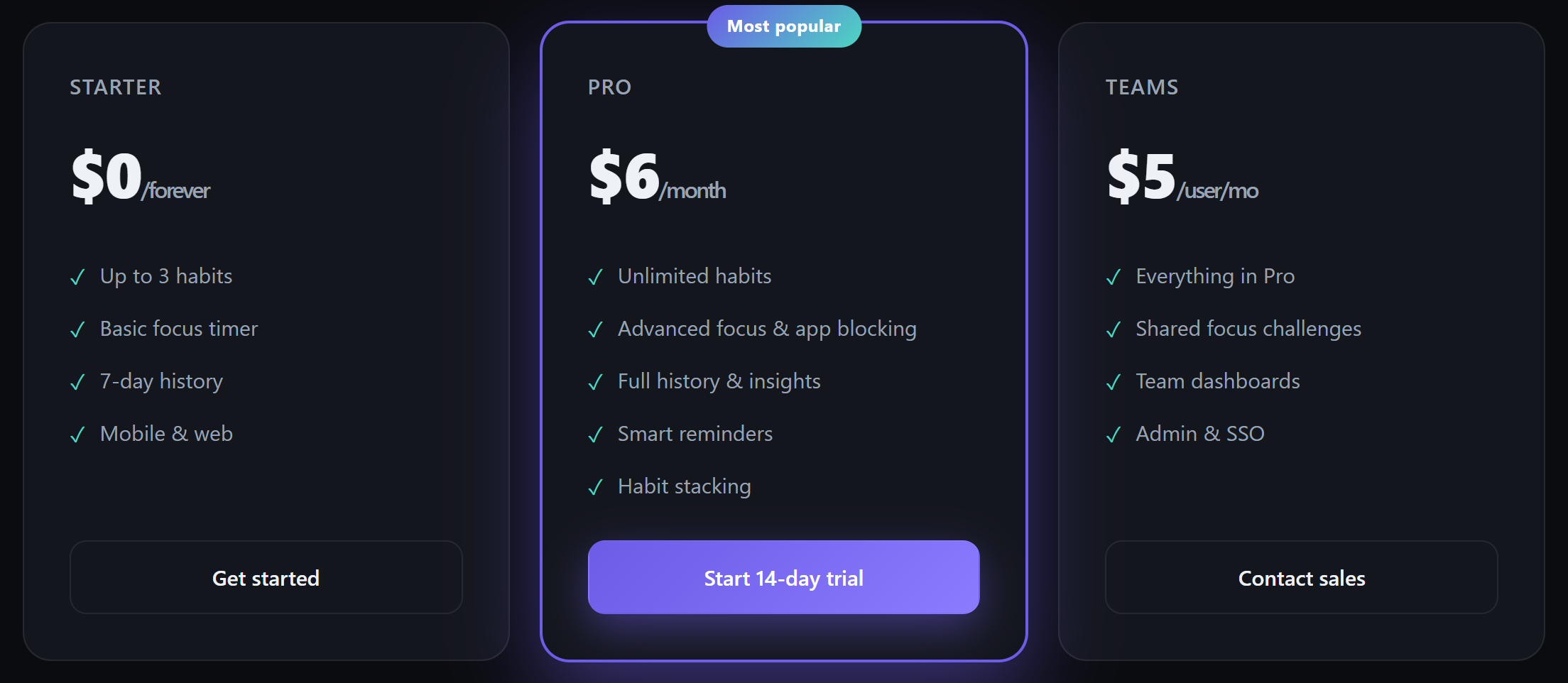 The three-tier pricing table the AI invented: Starter at $0 forever, Pro at $6/month tagged "Most popular," and Teams at $5 per user with Admin & SSO and a "Contact sales" button.