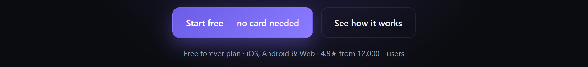 The hero's call-to-action buttons, and beneath them the small grey proof line reading "Free forever plan · iOS, Android & Web · 4.9★ from 12,000+ users" — all invented.