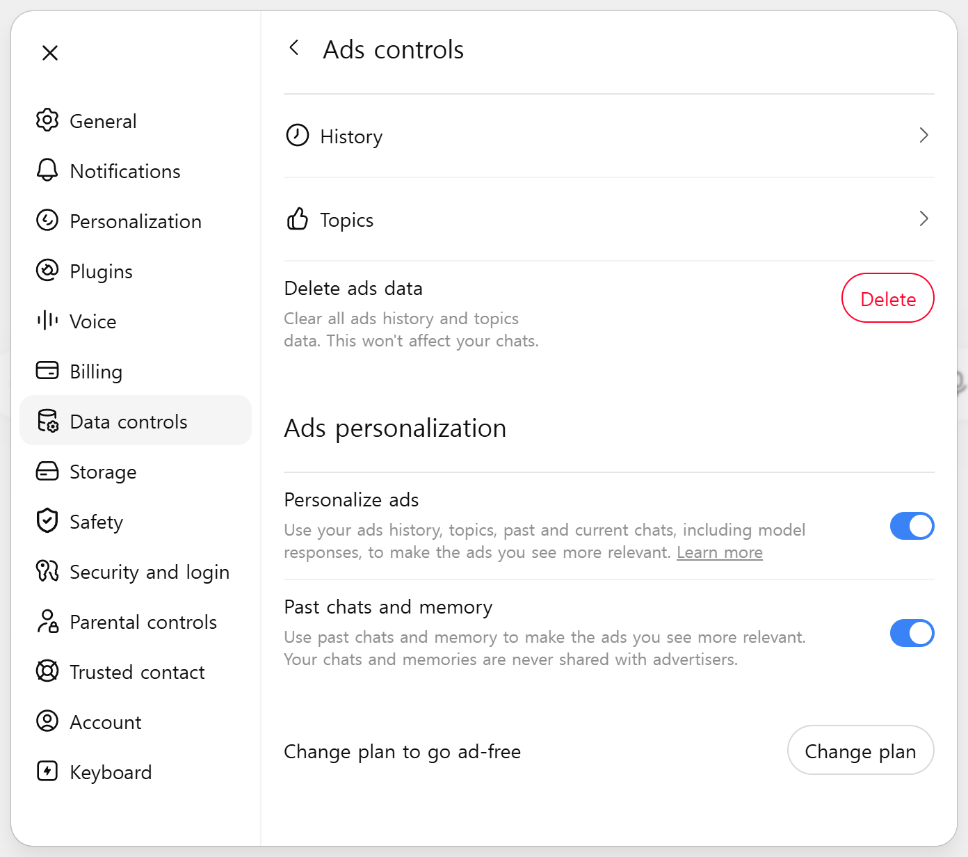 ChatGPT Ads controls panel on a free account: History, Topics, Delete ads data, and an Ads personalization section with two switches, Personalize ads and Past chats and memory, both switched on, above a row reading Change plan to go ad-free