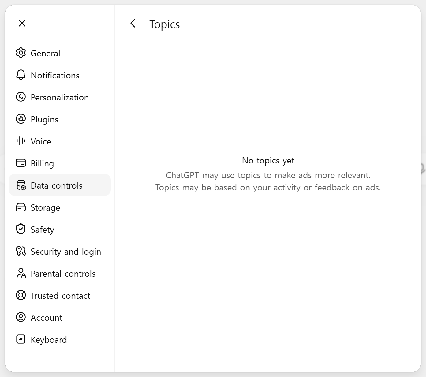 The Topics screen inside Ads controls reading No topics yet, with an explanation that ChatGPT may use topics to make ads more relevant based on activity or ad feedback
