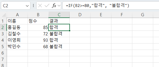 엑셀에 IF 함수를 적용한 결과