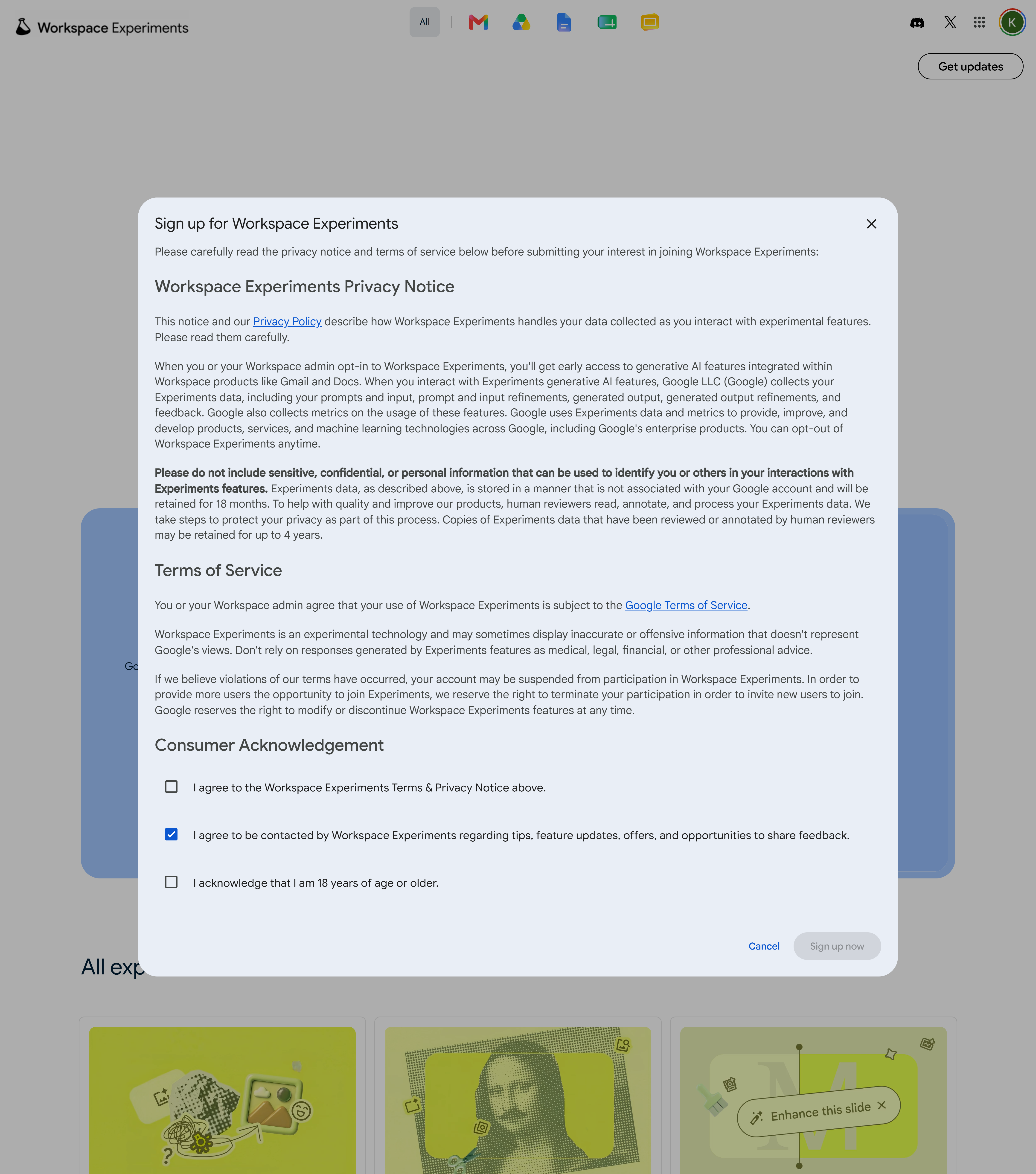 The Workspace Experiments signup dialog as it first opened: the two required checkboxes empty, the marketing email checkbox already ticked.