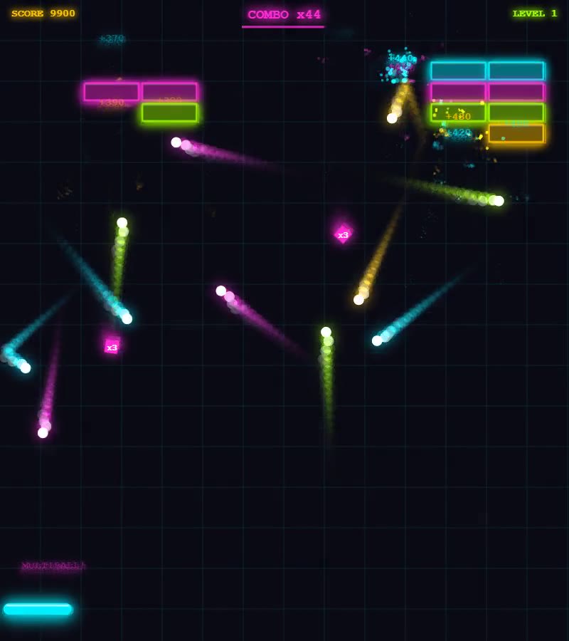 Fable 5's self-playing neon brick-breaker in a browser: a nearly cleared board with a handful of cyan, magenta, green and gold bricks left, a screenful of glowing balls after a multiball, a score of 9,900 and a combo counter reading x44.