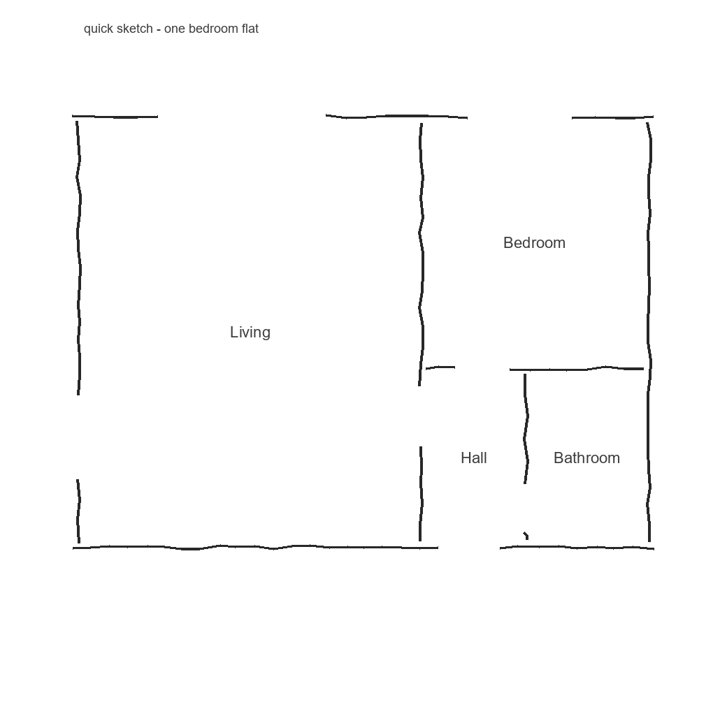 A rough hand-drawn style sketch of the same layout with wobbly lines, showing only the room names Living, Bedroom, Hall and Bathroom, with gaps in the walls where the openings are