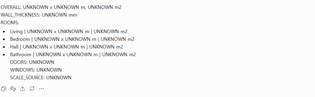 ChatGPT's answer with UNKNOWN in every dimension field, all four room names still listed correctly, and DOORS, WINDOWS and SCALE_SOURCE all UNKNOWN