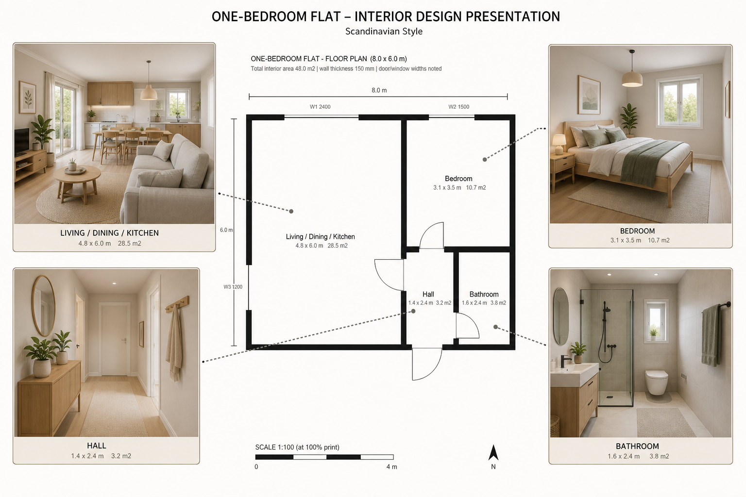 A presentation board titled ONE-BEDROOM FLAT INTERIOR DESIGN PRESENTATION, Scandinavian Style, with the floor plan redrawn in the centre and four photorealistic room renders around it, each captioned with the room name and dimensions