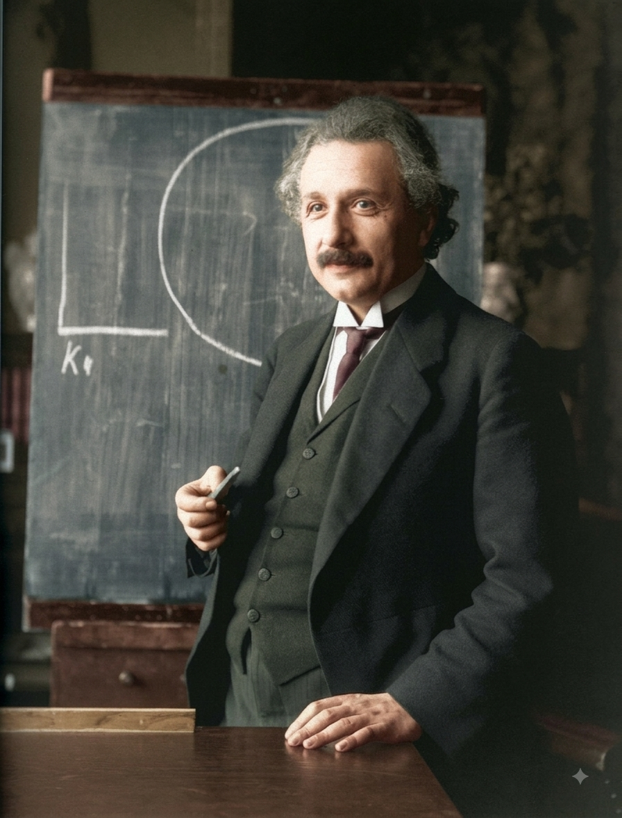 The same photograph colorized: blue-grey chalkboard, dark green-grey three-piece suit, dark red tie, natural skin tones, with a small Gemini sparkle mark in the bottom right corner
