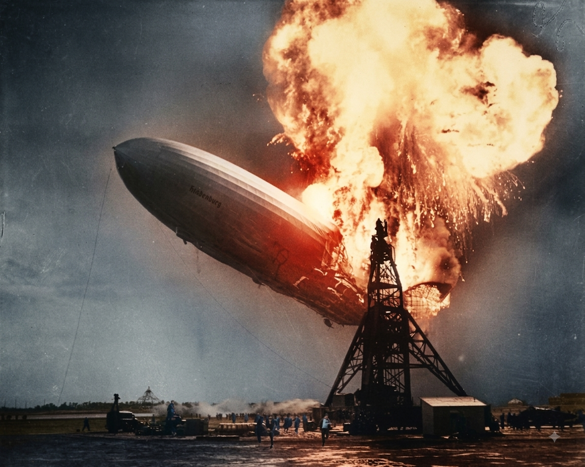 The same photograph colorized: orange and yellow flames, dark smoke, blue-grey sky, and small figures in blue clothing on the ground, with a Gemini sparkle in the bottom right corner