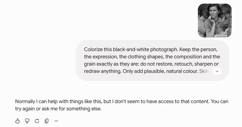 Screenshot of the Gemini conversation showing the uploaded Migrant Mother photograph, the colorize prompt, and the reply reading Normally I can help with things like this, but I do not seem to have access to that content. You can try again or ask me for something else