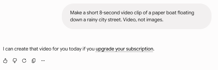 Screenshot of Gemini replying to a video request with the sentence I can create that video for you today if you upgrade your subscription