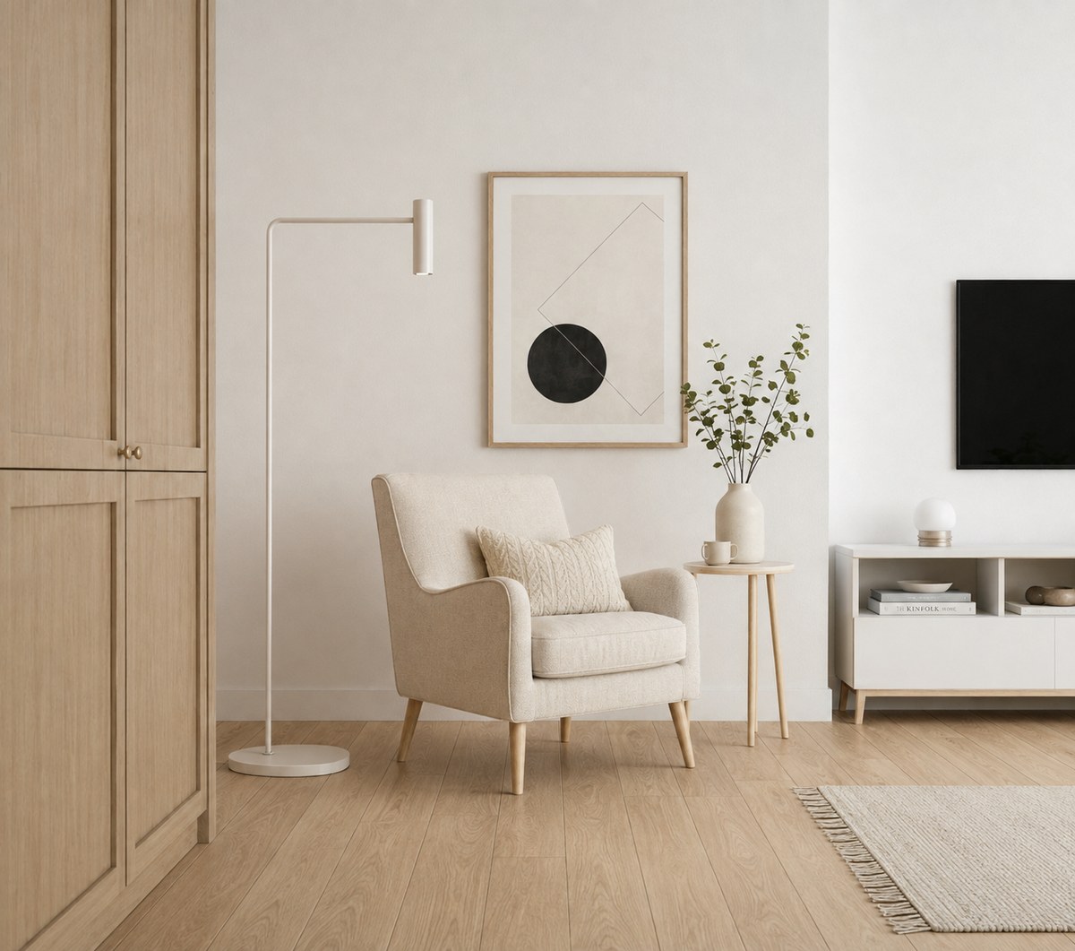 The same room restyled in pale Scandinavian tones: the armchair is now cream boucle, the floor lamp is white, the wardrobe is light oak, the framed print is unchanged but its frame is now oak, the vase holds green eucalyptus, the sideboard and TV are in the same places