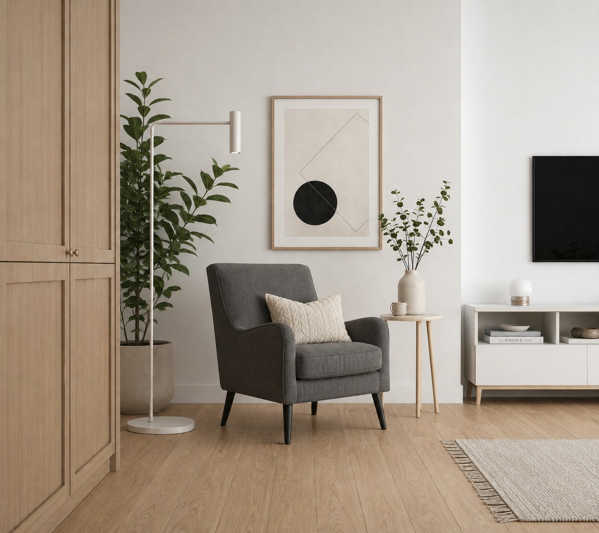 The same Scandinavian room with the armchair now in dark charcoal grey and a tall broad-leafed plant in a pale concrete pot standing in the left corner beside the wardrobe