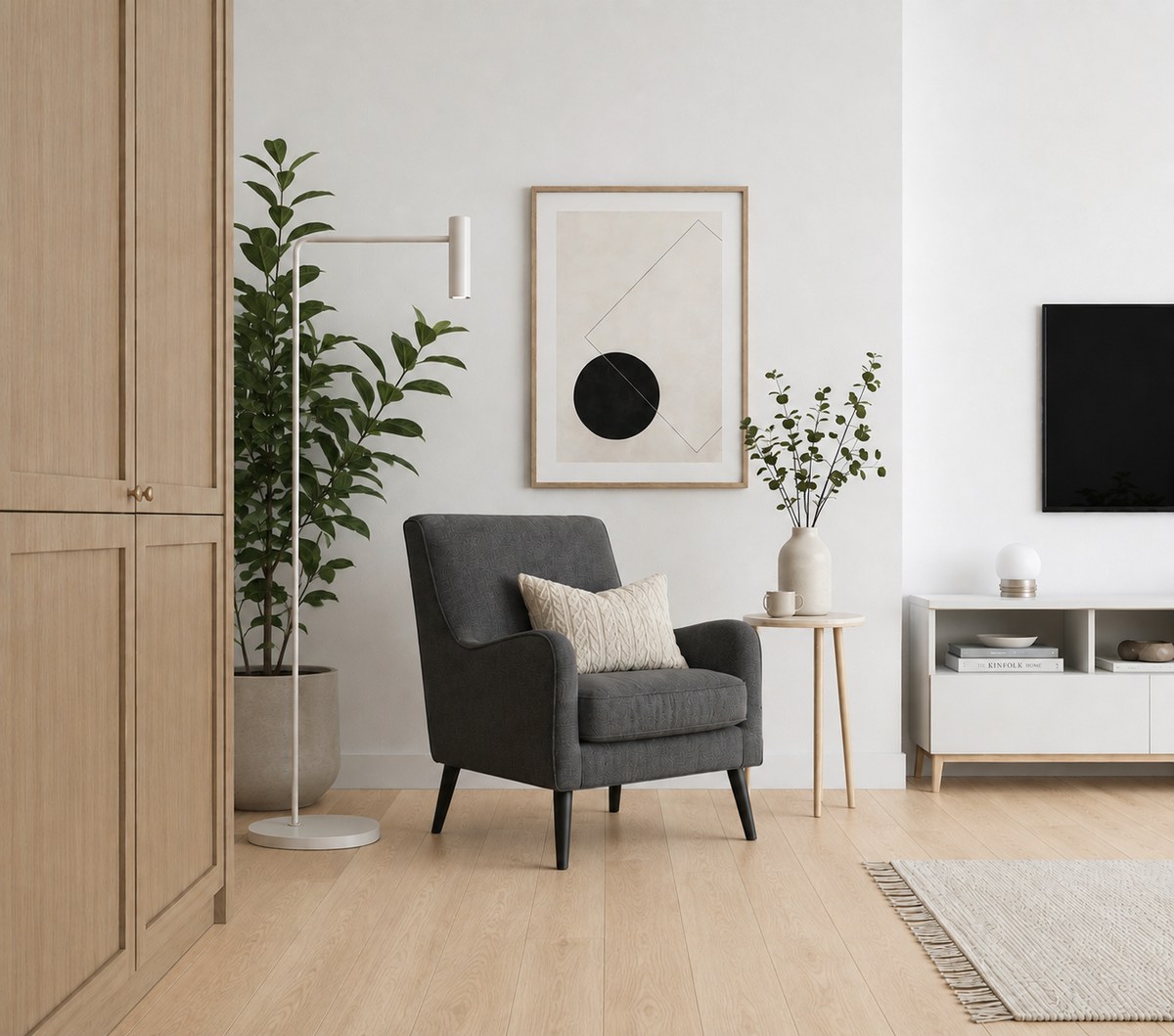 The same room with wide pale oak floorboards replacing the darker narrower planks, everything else identical: grey chair, corner plant, framed print, TV and sideboard