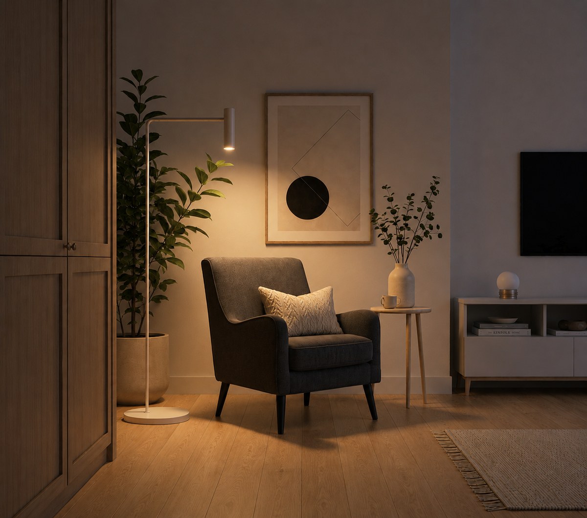 The same room at night, lit only by the floor lamp which casts a warm pool of light up the wall behind the chair, with the plant, chair, side table, vase, TV and sideboard all in place in the darkness