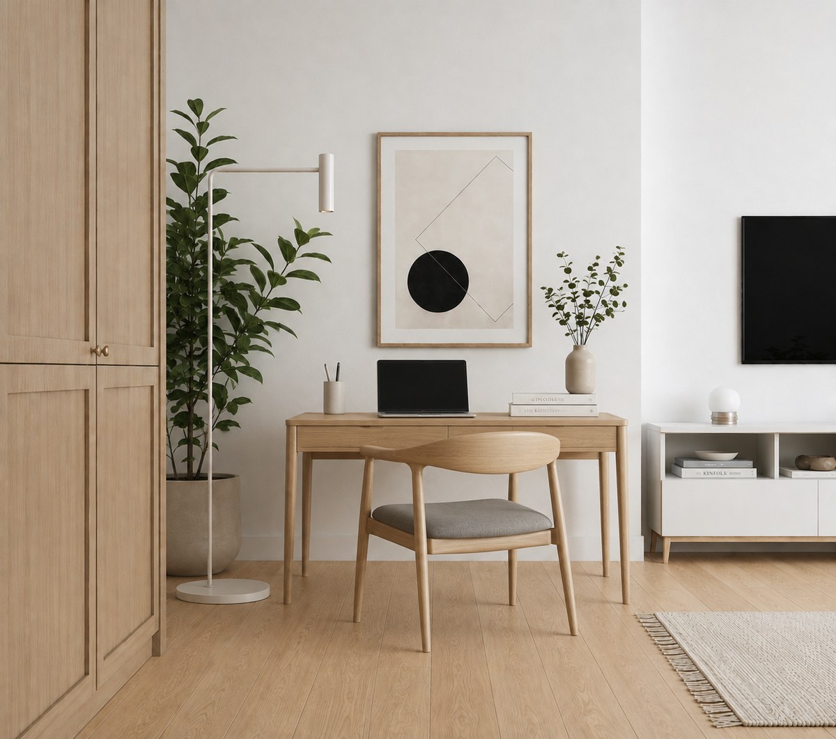 The same room in daylight, now with a pale oak desk holding a laptop, a pencil cup and two stacked books where the armchair was, and a curved-back wooden chair in front of it, with the wardrobe, corner plant, framed print, TV and sideboard unchanged