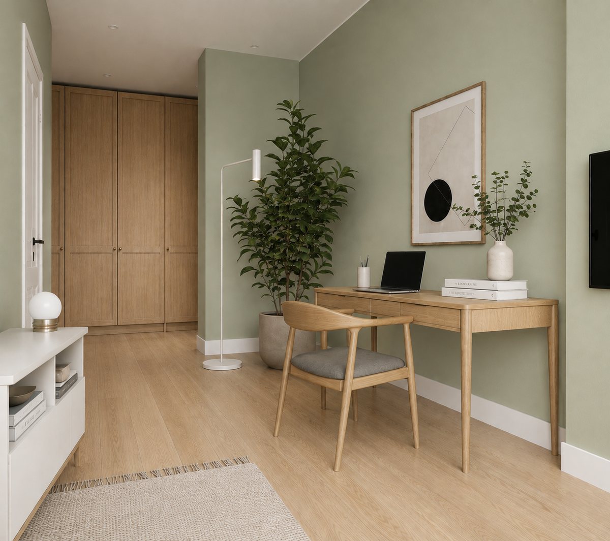 The room from run 6 with the walls painted soft sage green, everything else identical: the three-door oak wardrobe, the white door and corridor, the desk, the chair, the plant, the rug