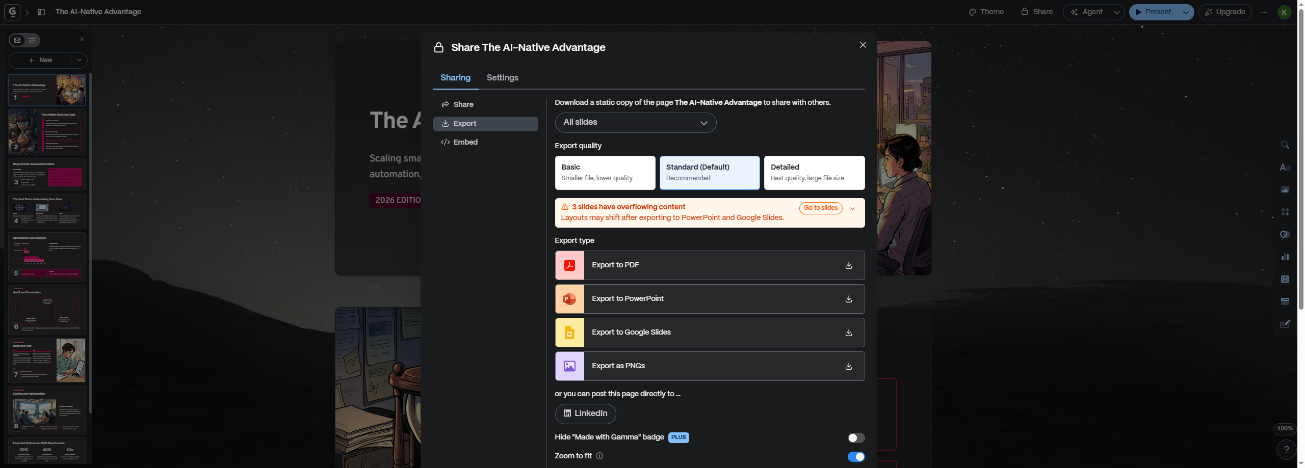 Gamma's export panel for my deck, showing an orange warning that reads "3 slides have overflowing content — Layouts may shift after exporting to PowerPoint and Google Slides", above the export buttons for PDF, PowerPoint, Google Slides and PNG