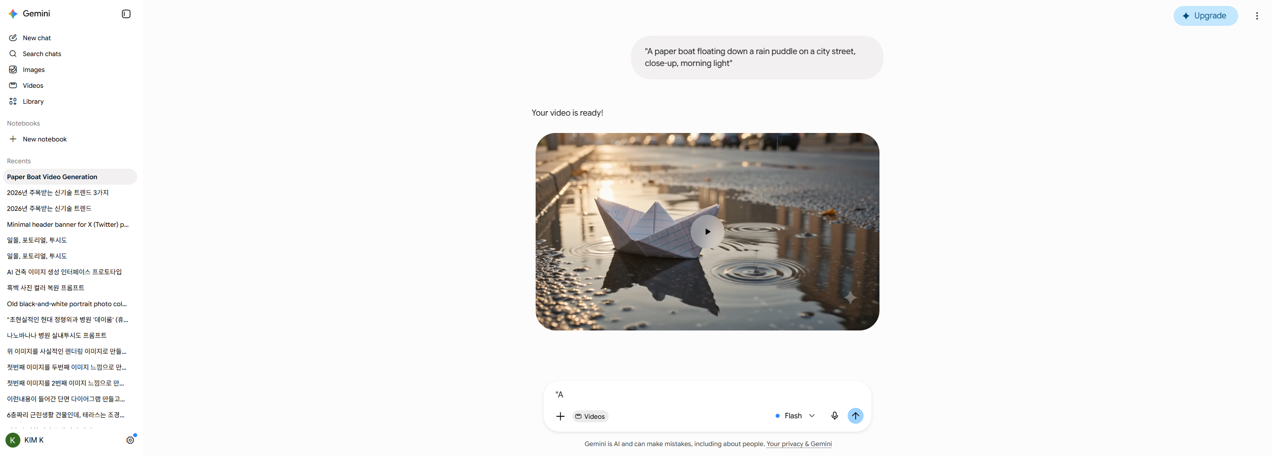 The same Gemini conversation scrolled back: my prompt in a chat bubble with its quotation marks intact, the line "Your video is ready!" beneath it, and the paper boat clip with a play button over it.