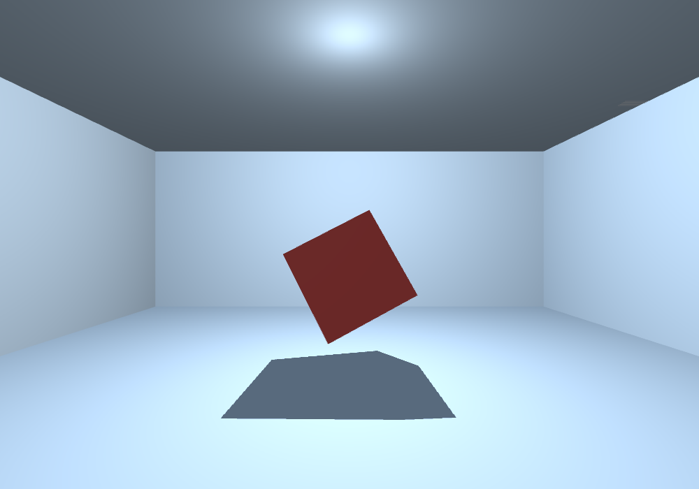 Claude's cube scene: a bright room with one dark red cube and a soft shadow