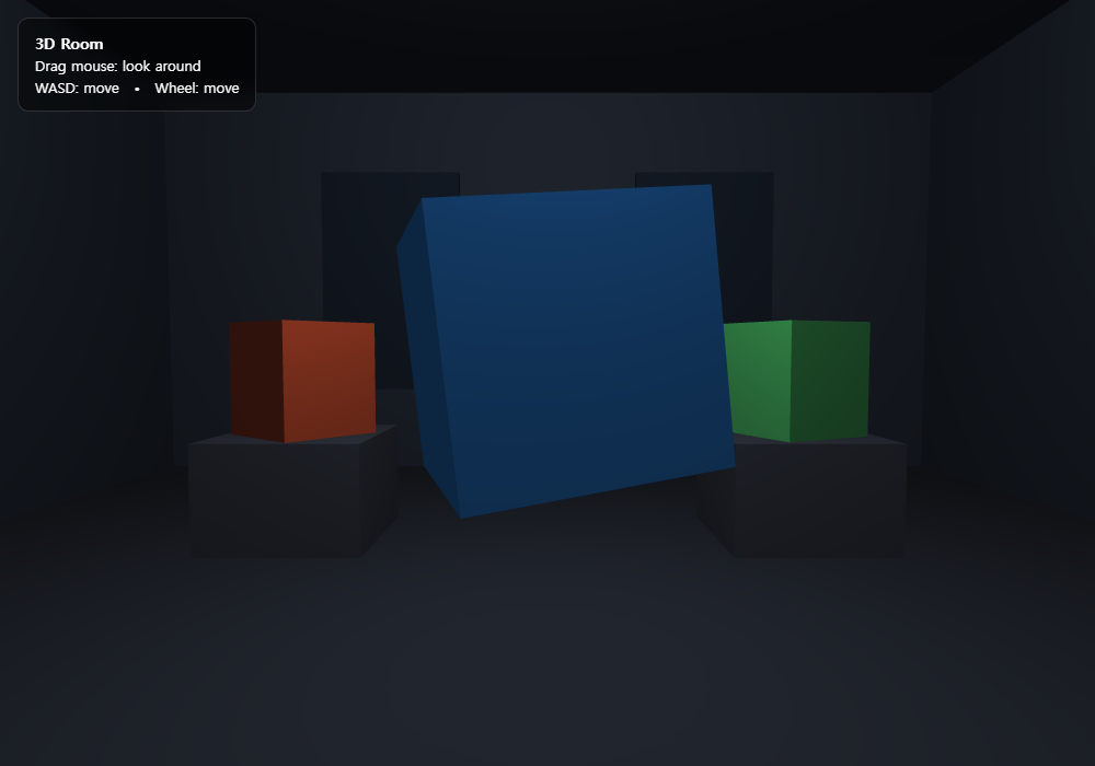 ChatGPT's cube scene: a dark room with three cubes on pedestals and a controls panel