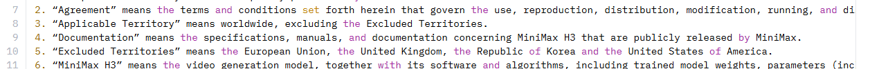 Line 10 of the MiniMax H3 Community License Agreement on Hugging Face reading: Excluded Territories means the European Union, the United Kingdom, the Republic of Korea and the United States of America