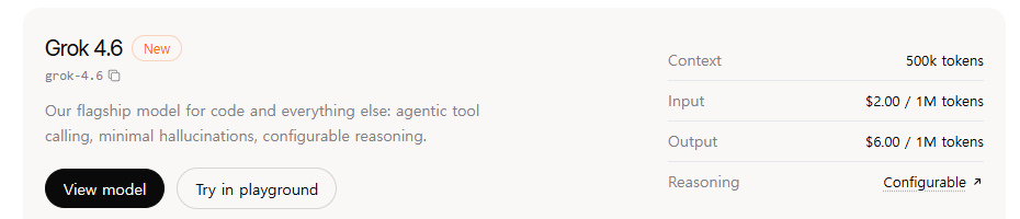 The Grok 4.6 card on the xAI docs Models page showing Context 500k tokens, Input $2.00 per 1M tokens, Output $6.00 per 1M tokens, with no mention of any pricing threshold