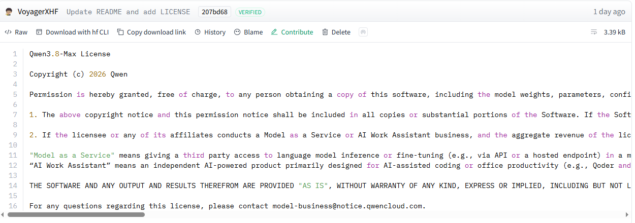 The full LICENSE file for Qwen3.8-2.4T-A95B on Hugging Face, 3.39 kB and sixteen lines, showing an MIT-style permission grant, a naming requirement clause, a Model as a Service clause, and a warranty disclaimer, with no geographic restriction anywhere