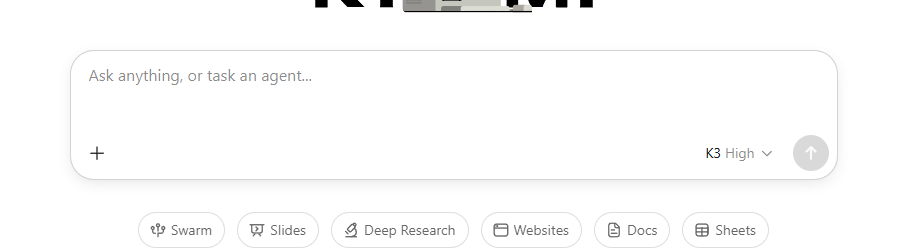 Kimi's chat interface with the K3 flagship model selected — shown as "K3 High" in the model picker at the bottom of the message box.