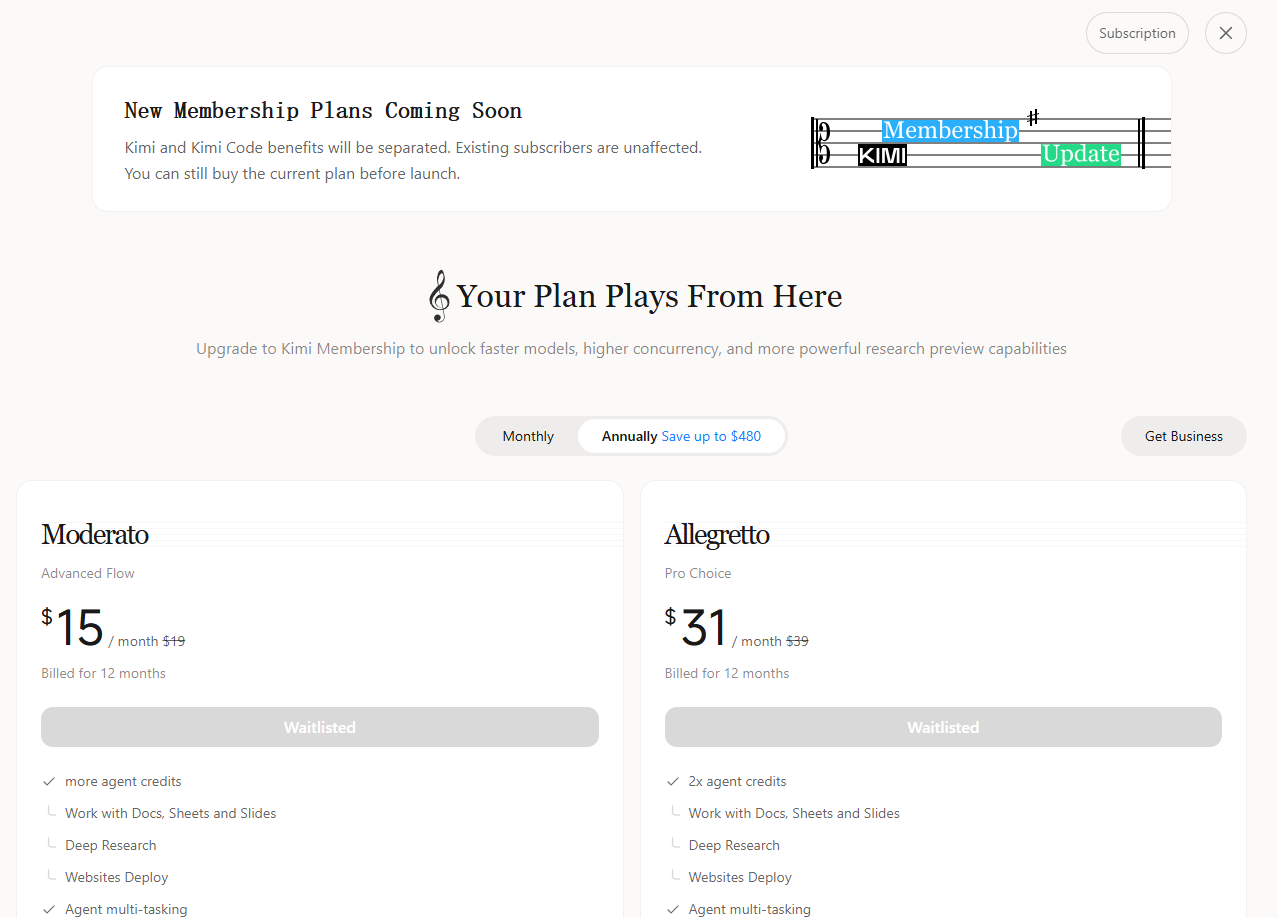 Kimi's paid membership page. The two plans — Moderato at about $15/month and Allegretto at about $31/month — both show a grayed-out "Waitlisted" button instead of a checkout, under a banner reading "New Membership Plans Coming Soon."