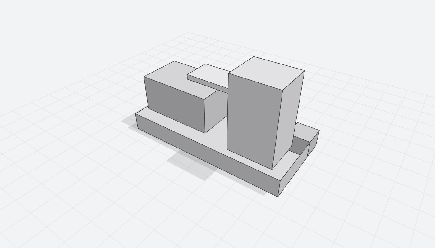 A simple grey architectural massing model seen from above: a long low podium, a rectangular low wing on the left, a taller tower on the right, a thin slab cantilevering between them, and a small annex volume, all sitting on a faint ground grid with soft shadows