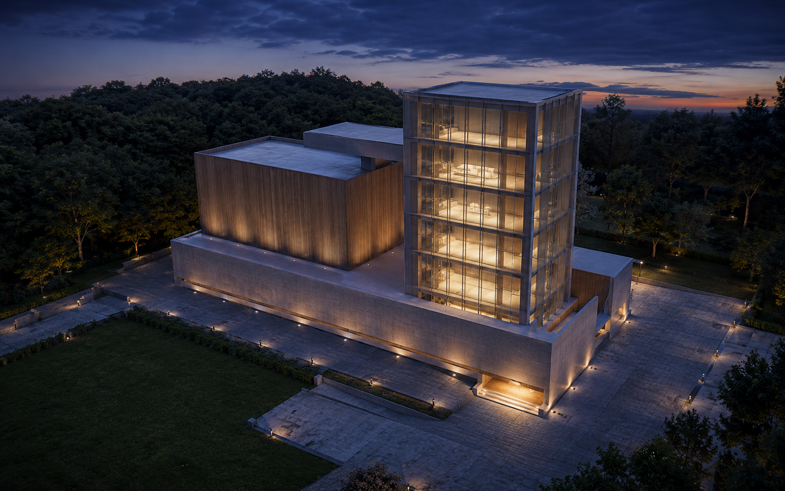 The same building at blue hour: a deep blue gradient sky with a warm band at the horizon, the tower glowing from within with clearly readable floor plates, warm light washing the timber wing and the underside of the cantilever, and bollard lights along the paving