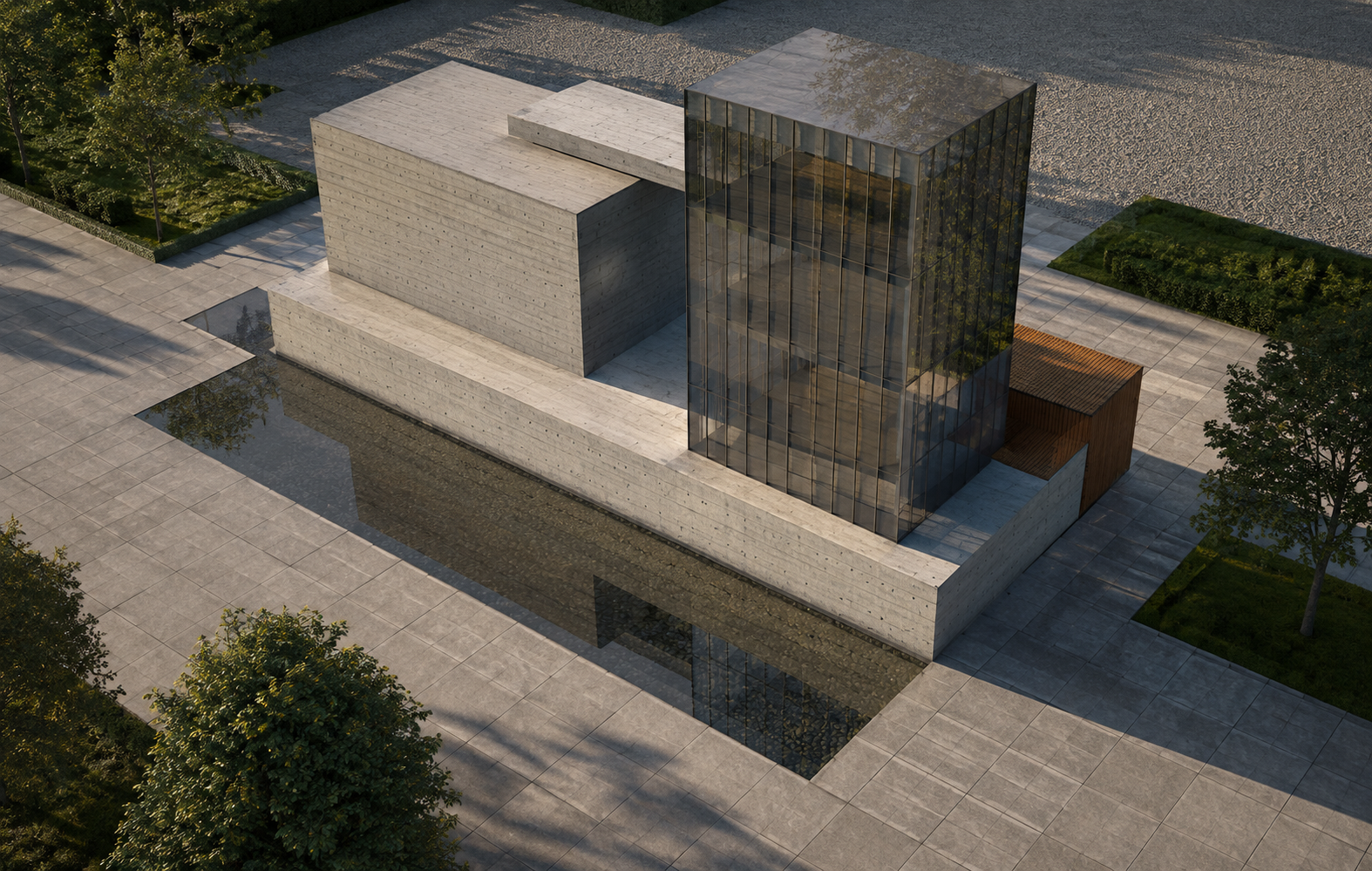 The same building rendered with heavier art direction: board-formed concrete showing formwork lines and form-tie holes, a still reflecting pool along the podium mirroring the building, strict grid paving, gravel and clipped hedges, with long raking shadows