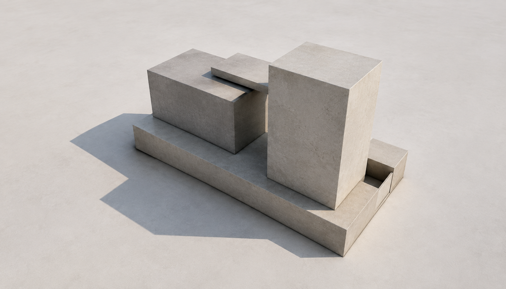 The massing model rendered as a photorealistic object: the same five volumes, now in smooth concrete with realistic texture and cast shadows, sitting on an empty pale floor without windows or surroundings
