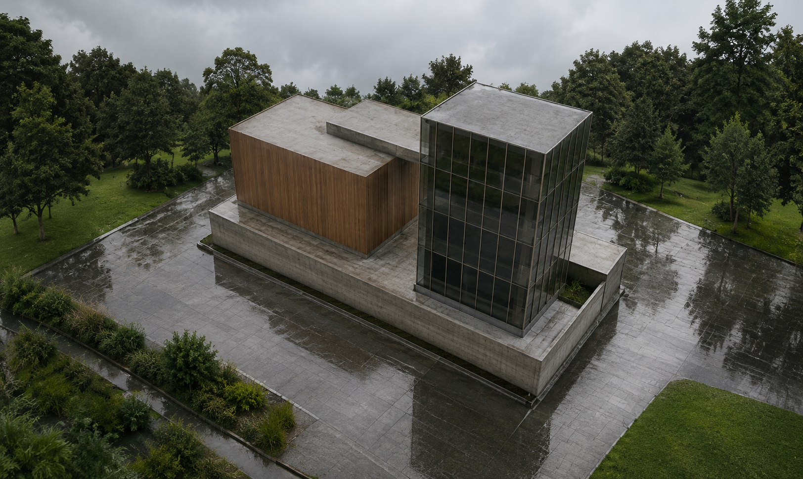 The same building under a heavy overcast sky with visible cloud structure, no cast sun shadows, wet paving reflecting the building, dark reflective glazing, saturated warm timber and green foliage