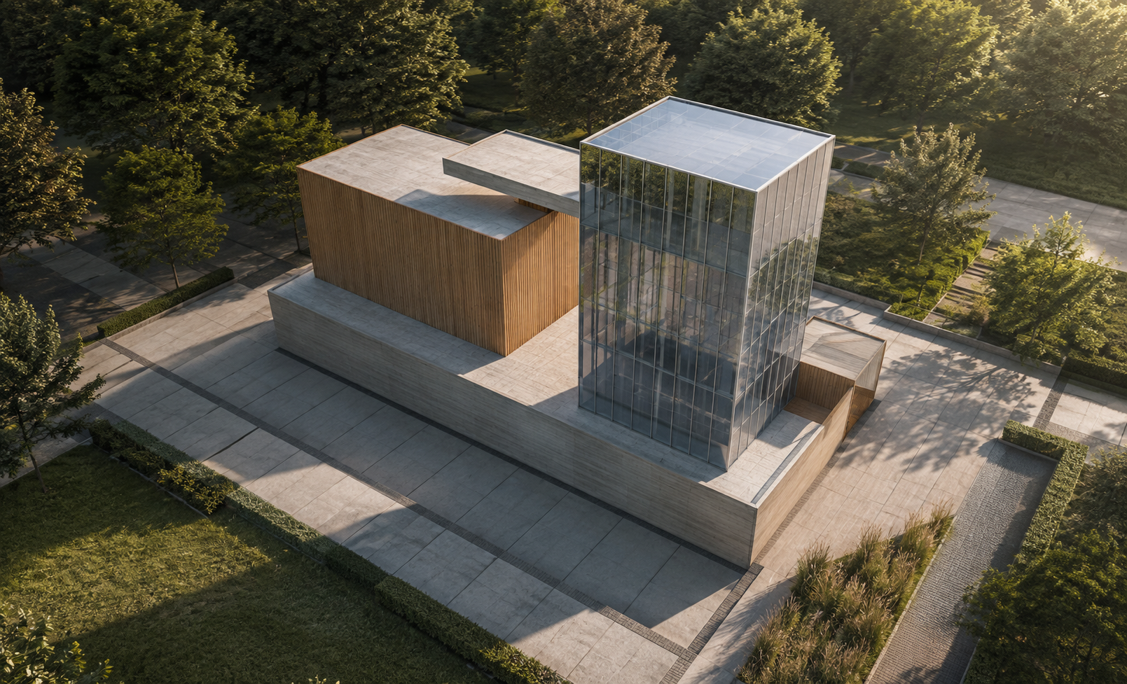 The same massing rendered as a real building: board-formed concrete podium, timber-clad low wing, a glazed tower with slim mullions, surrounded by stone paving, clipped hedges, grass and mature trees in late afternoon light