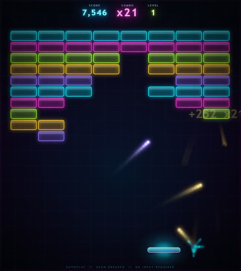 Opus 5's self-playing neon brick-breaker in a browser: a ten-row wall of cyan, magenta, green, gold and purple bricks, a score of 7,546, a combo counter reading x21, glowing ball trails and falling brick debris above a cyan paddle.