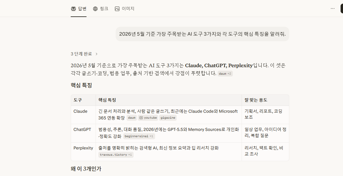 Perplexity가 실제 웹을 검색해 출처를 인용하며 답변하는 화면