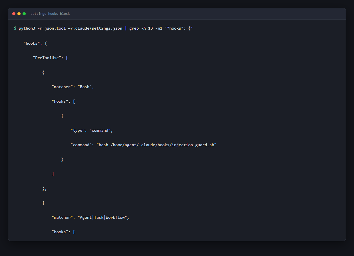 Terminal output showing the hooks block of .claude/settings.json: a PreToolUse matcher whose command runs a shell script from disk.