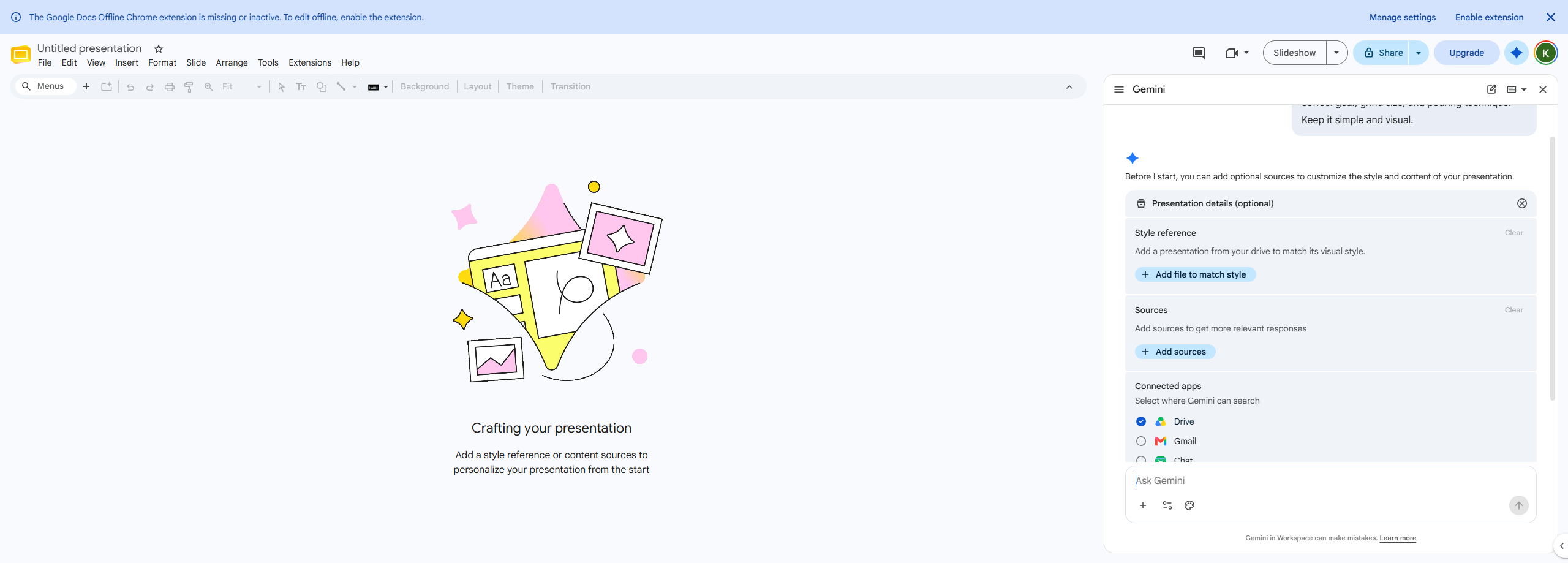 The Connected apps screen before generation, with Drive checked by default and Gmail, Chat, and Web unchecked.