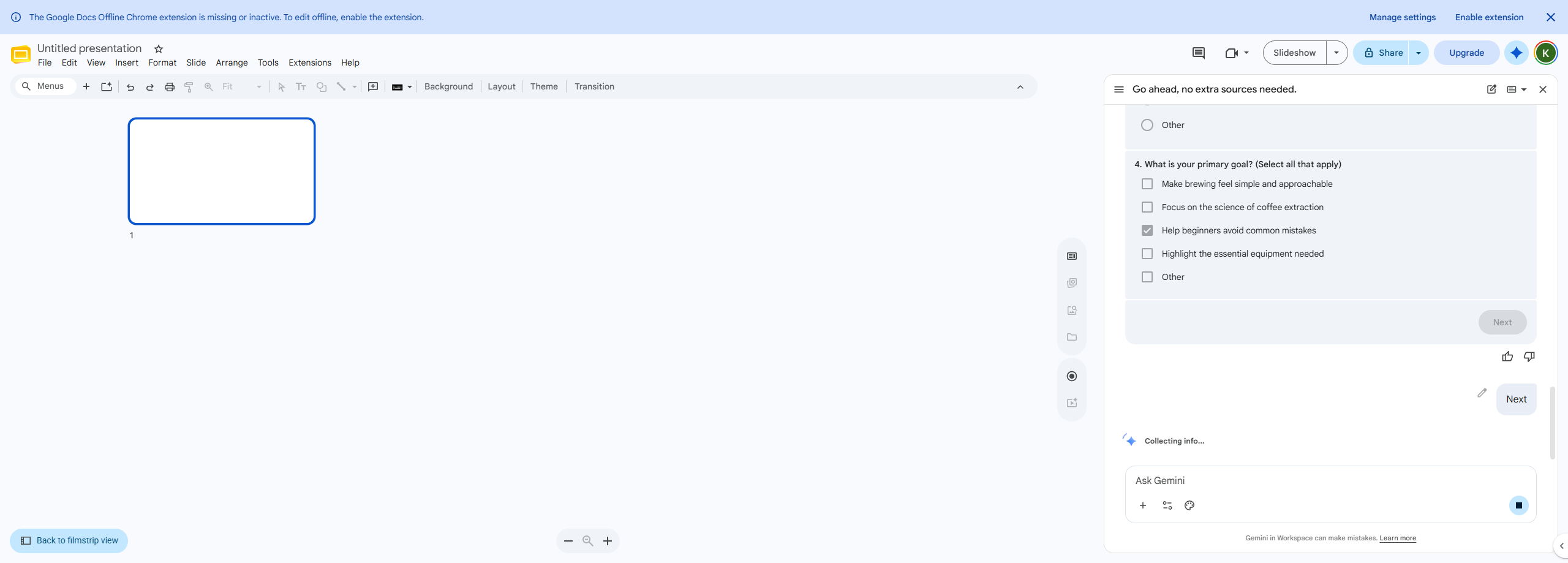 Gemini's questionnaire before generating: the goals question is labelled 4, with checkboxes for approachability, extraction science, beginner mistakes, and gear.